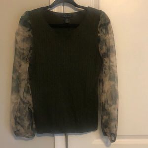 Medium army green sweater with sheer camouflage sleeves by “a love story”